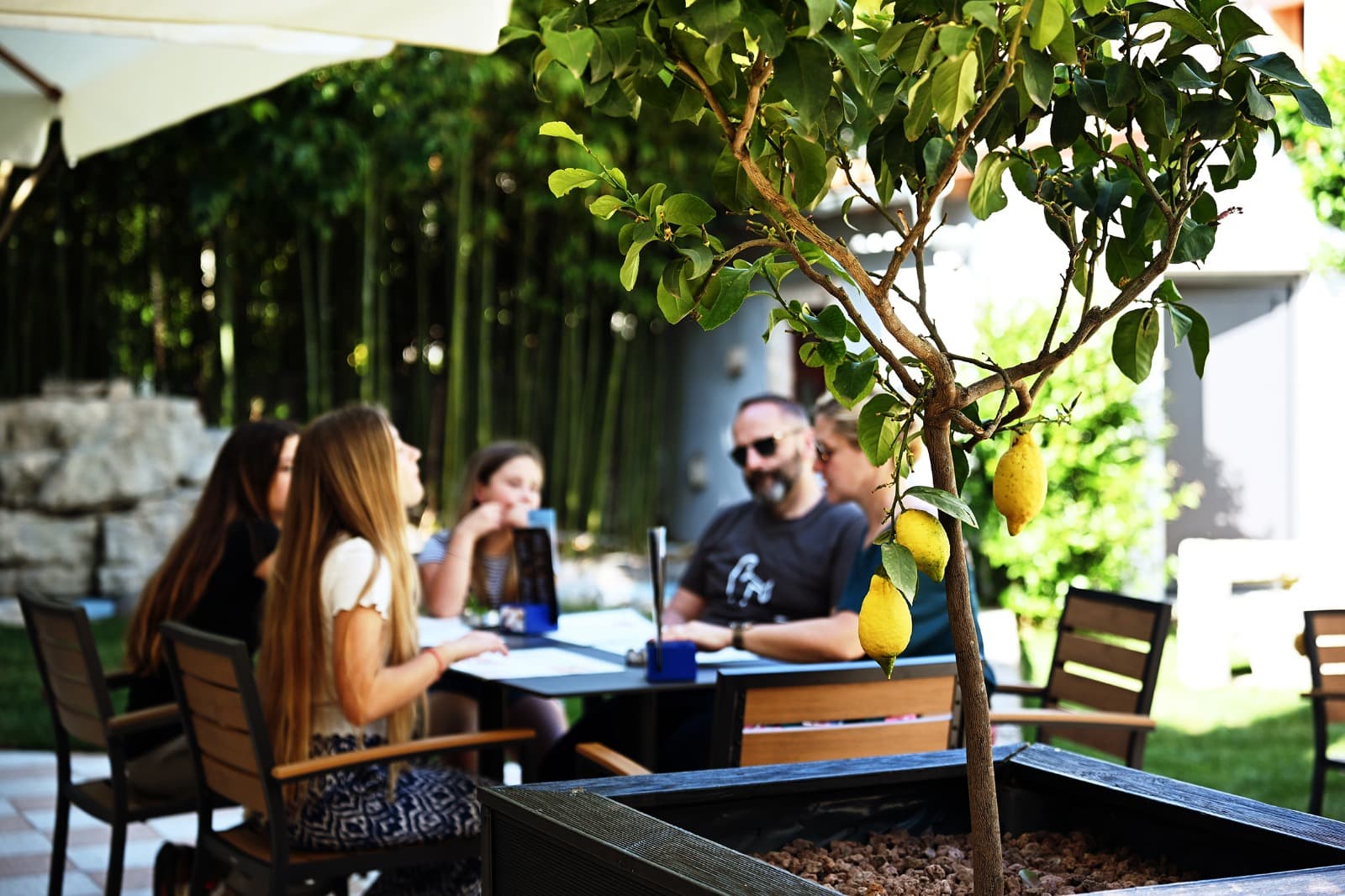 Family at the Podroom courtyard.